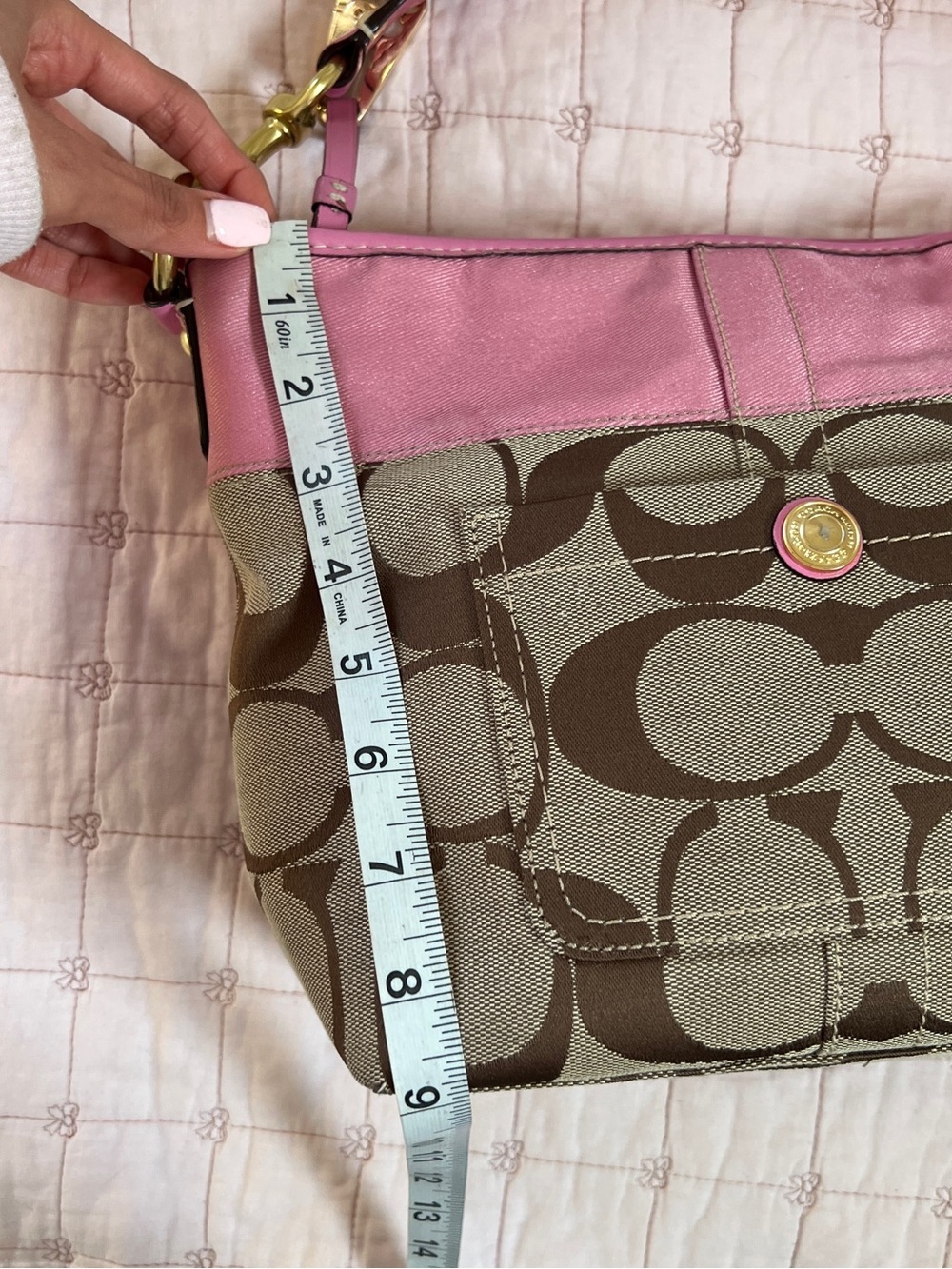 Coach Hobo Bag Medium Pink Khaki Signature Monogram Satin Leather 11957 - Picture 15 of 16
